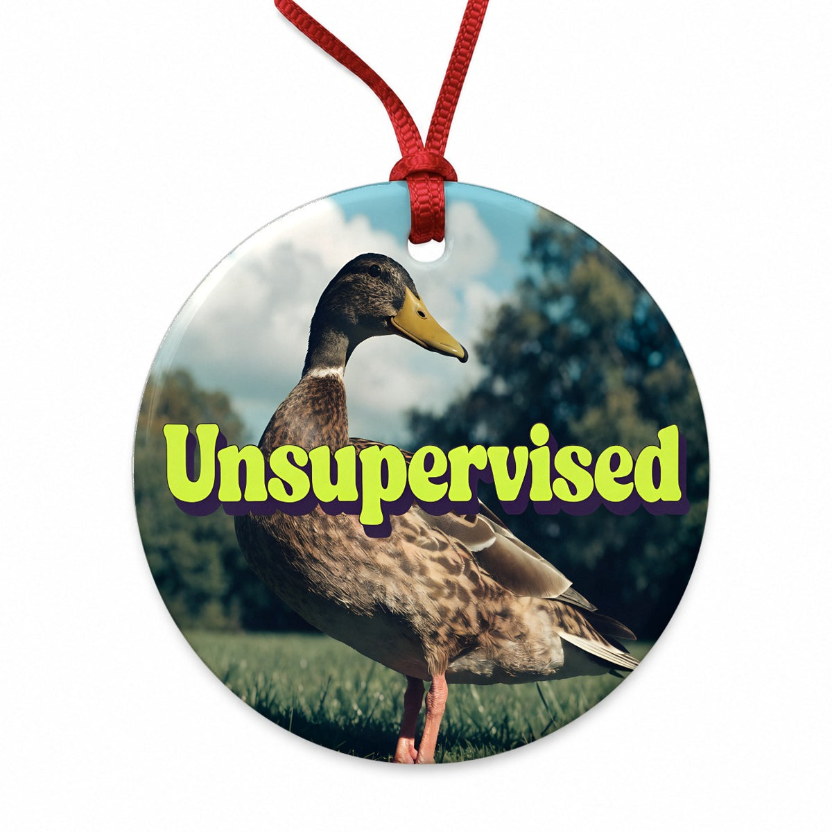 Unsupervised Duck Funny Round Ceramic Holiday Christmas Tree Ornament