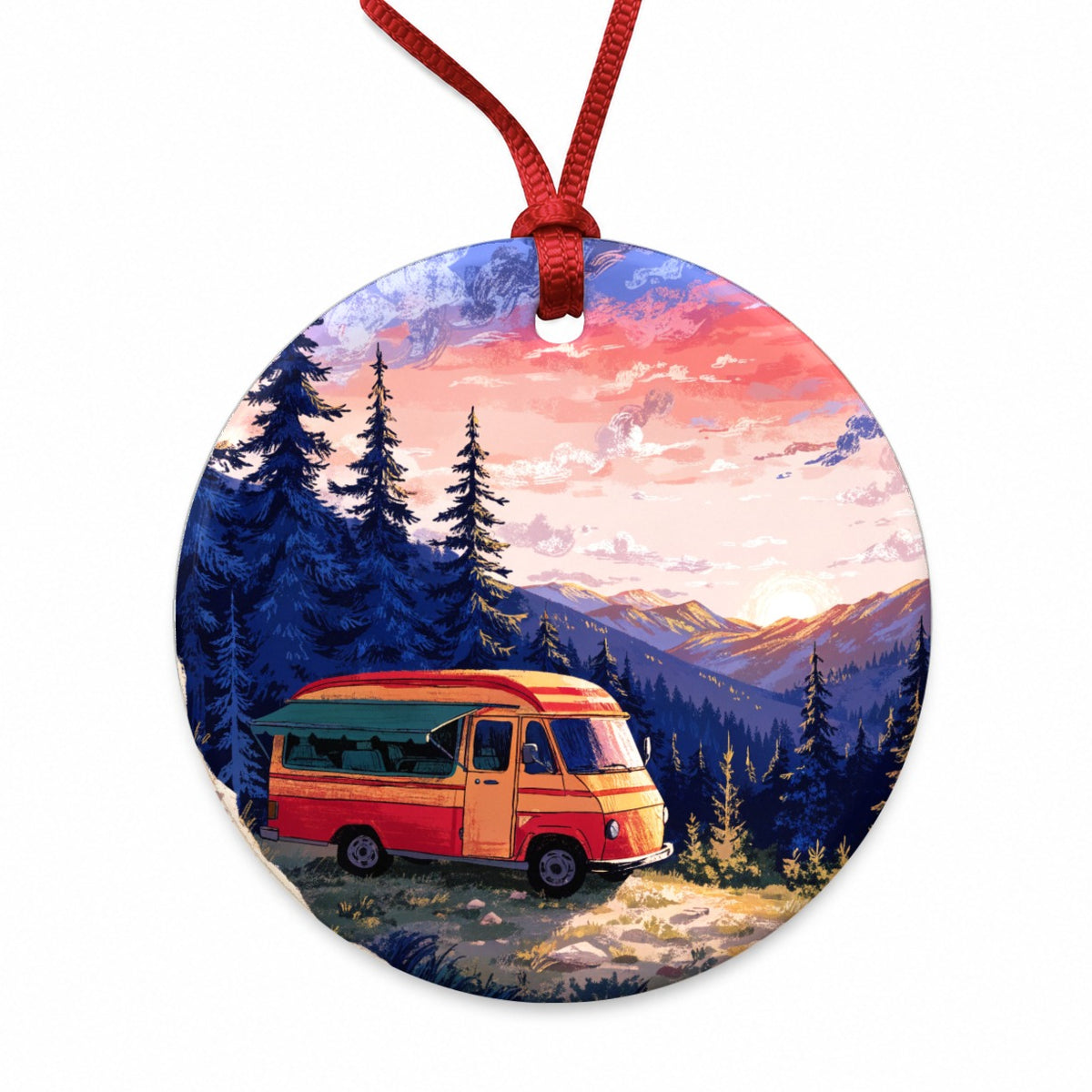 Vintage Camper Adventure Round Ceramic Holiday Christmas Tree Ornament