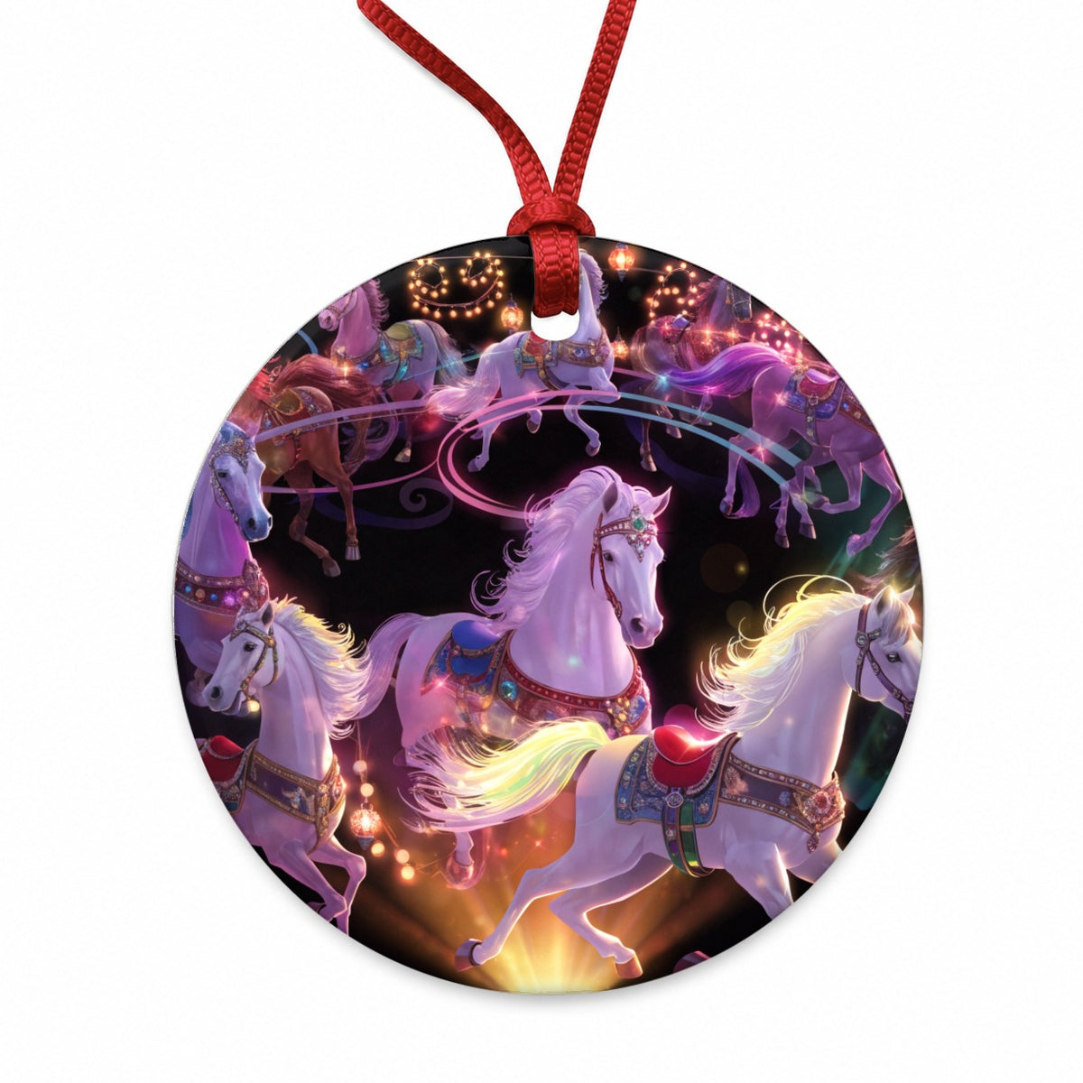 Vintage Carousel Horses Round Ceramic Holiday Christmas Tree Ornament