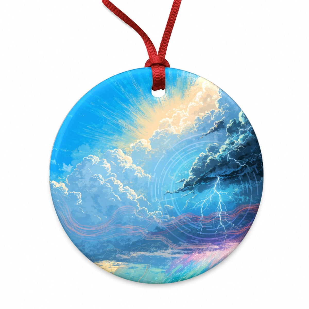 Weather Stormy Sky Lightning Round Ceramic Holiday Christmas Tree Ornament
