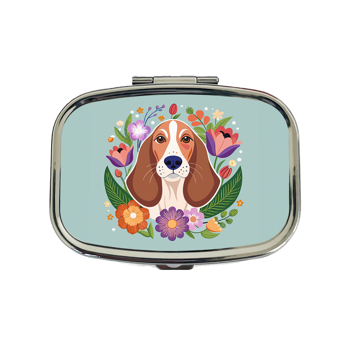 Basset Hound Dog Floral Flowers Travel Pill Box Case