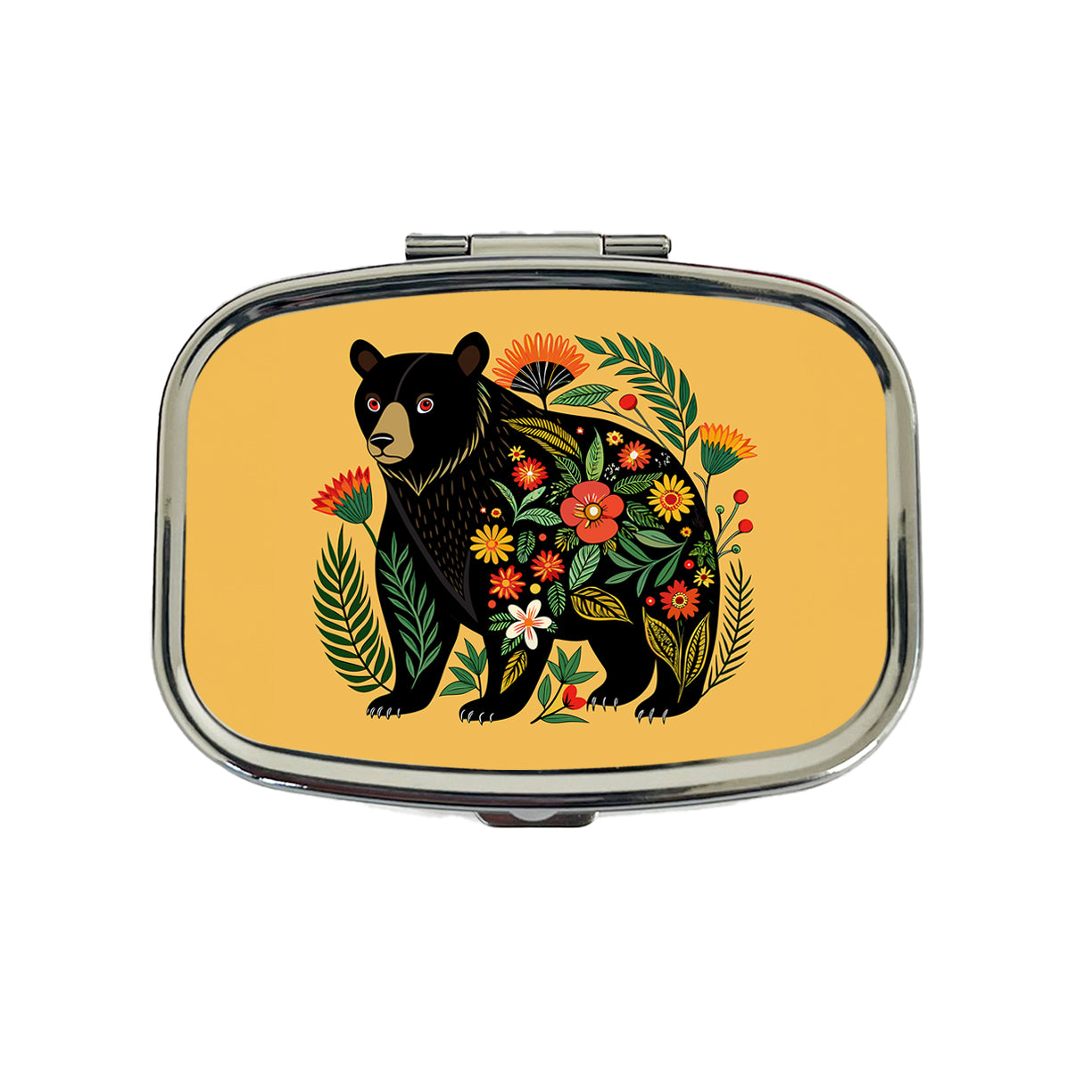 Black Bear Floral Motif Travel Pill Box Case