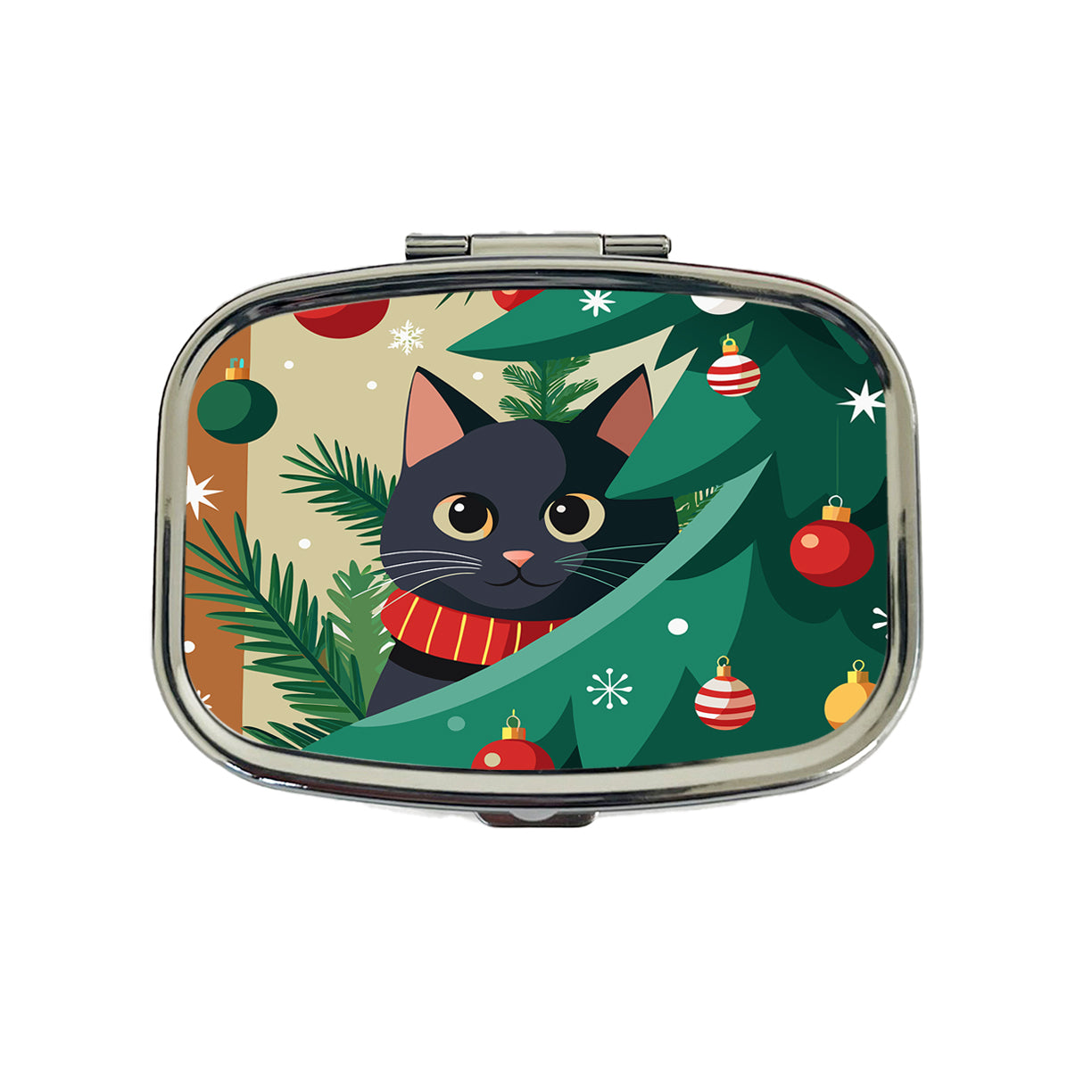 Black Cat Hiding in Christmas Tree Travel Pill Box Case