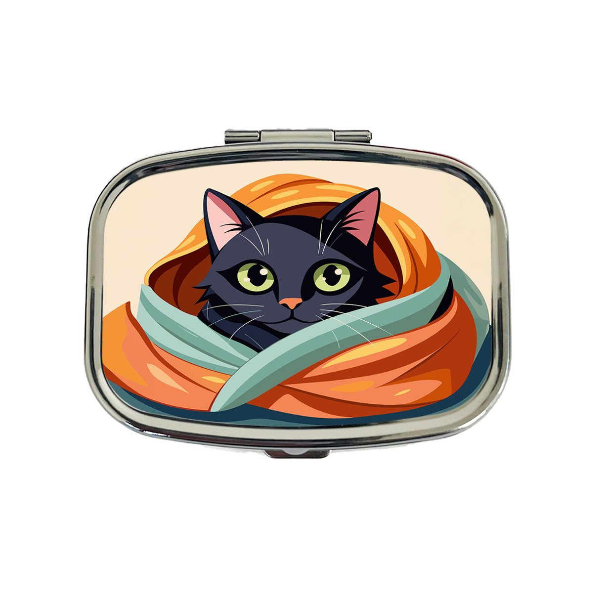 Black Cat Snuggling in Blanket Travel Pill Box Case