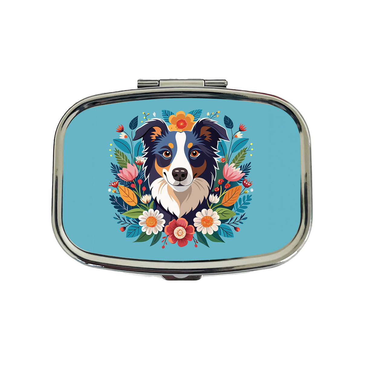 Border Collie Dog Floral Flowers Travel Pill Box Case