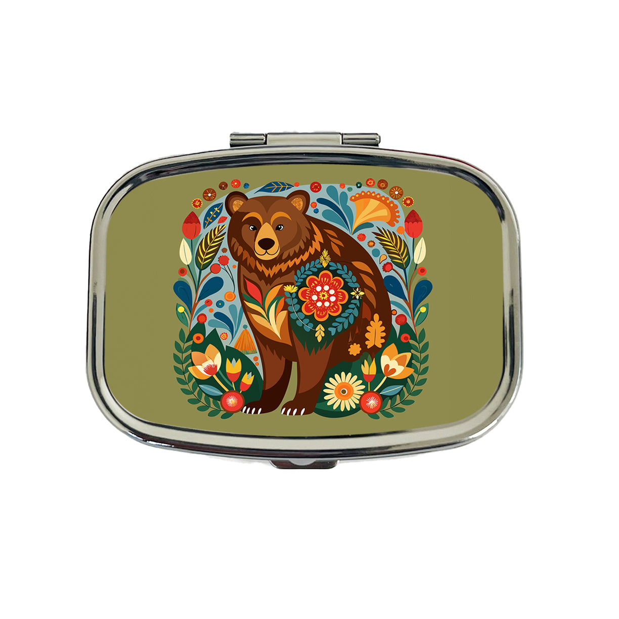 Brown Bear Floral Motif Travel Pill Box Case