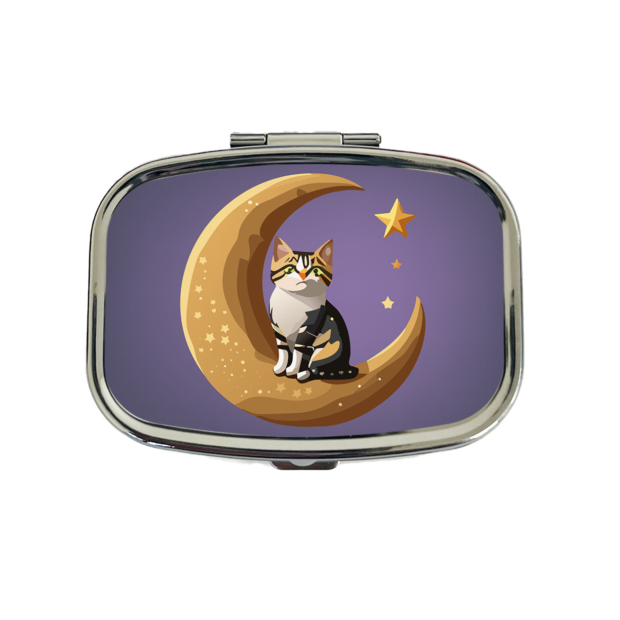 Cat on Crescent Moon Stars Cute Travel Pill Box Case