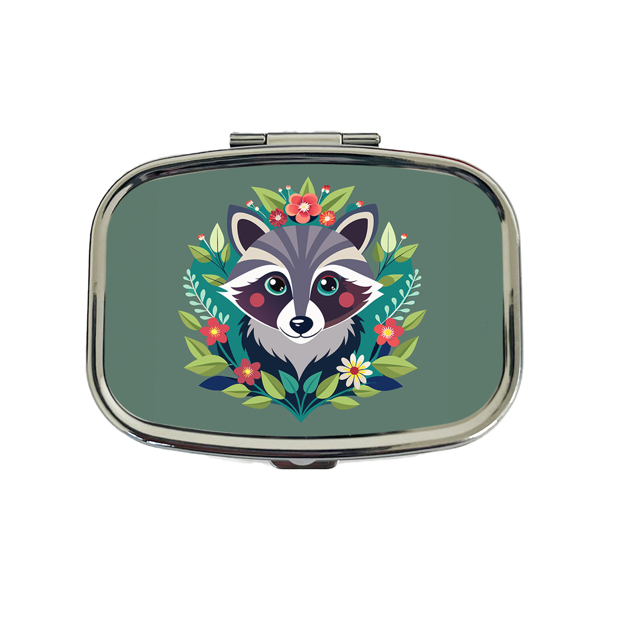 Raccoon in Floral Wreath Travel Pill Box Case