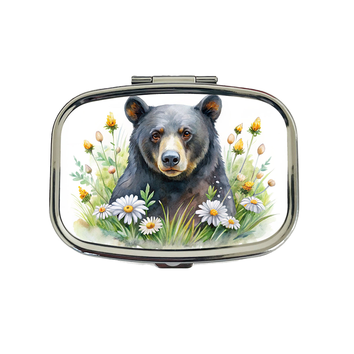 Black Bear Watercolor Design With Daisies Travel Pill Box Case