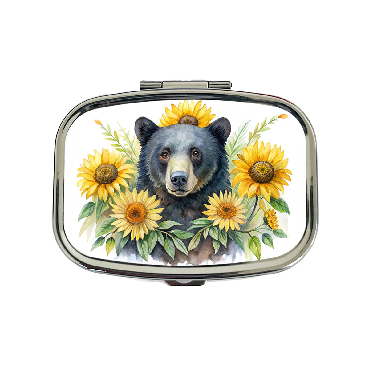 Black Bear Watercolor Design With Sunflowers Travel Pill Box Case