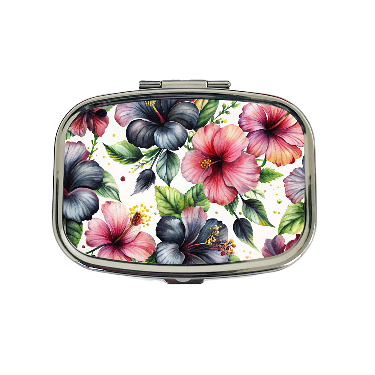 Black Pink Hibiscus Flowers Watercolor Travel Pill Box Case