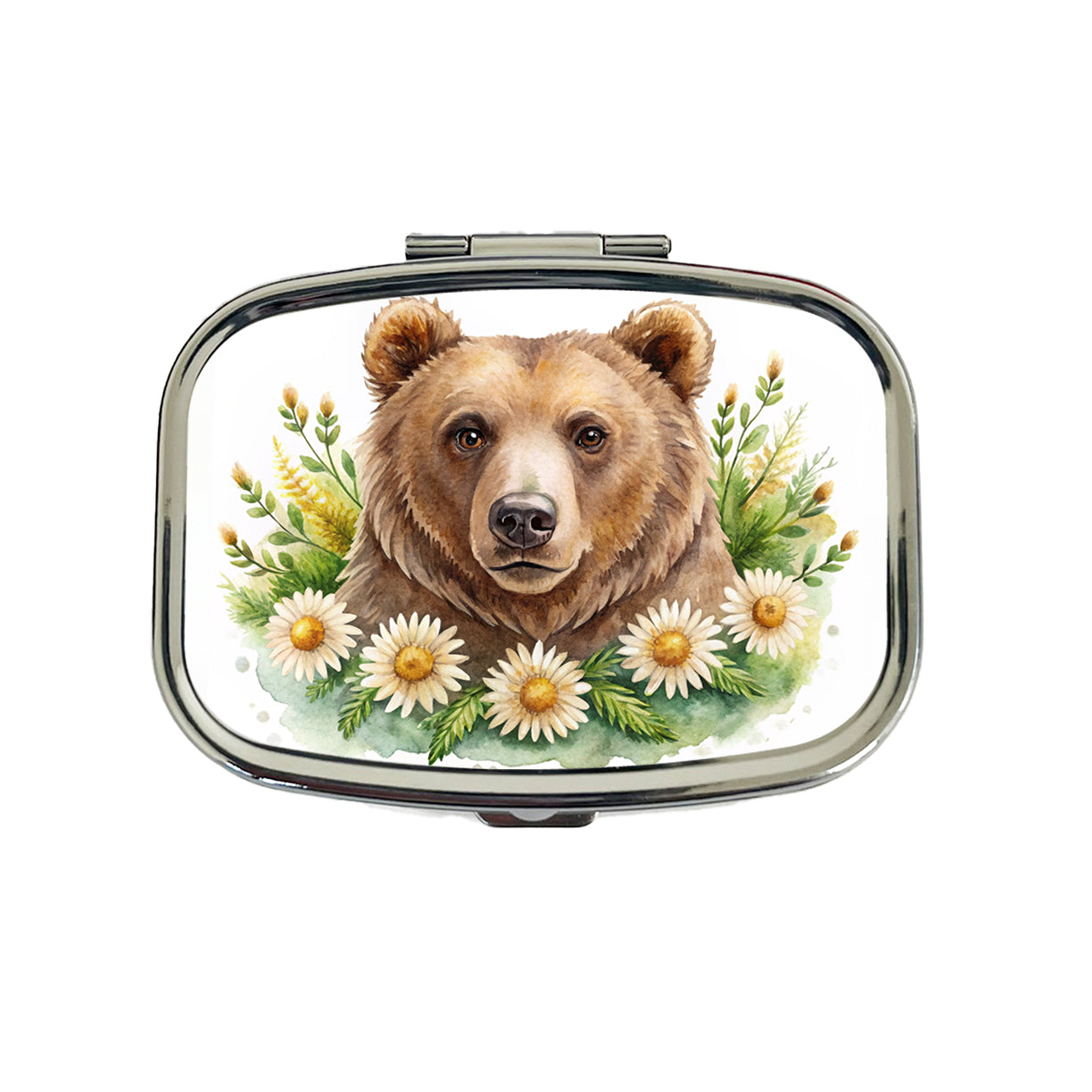 Brown Bear Watercolor Design With Daisies Travel Pill Box Case