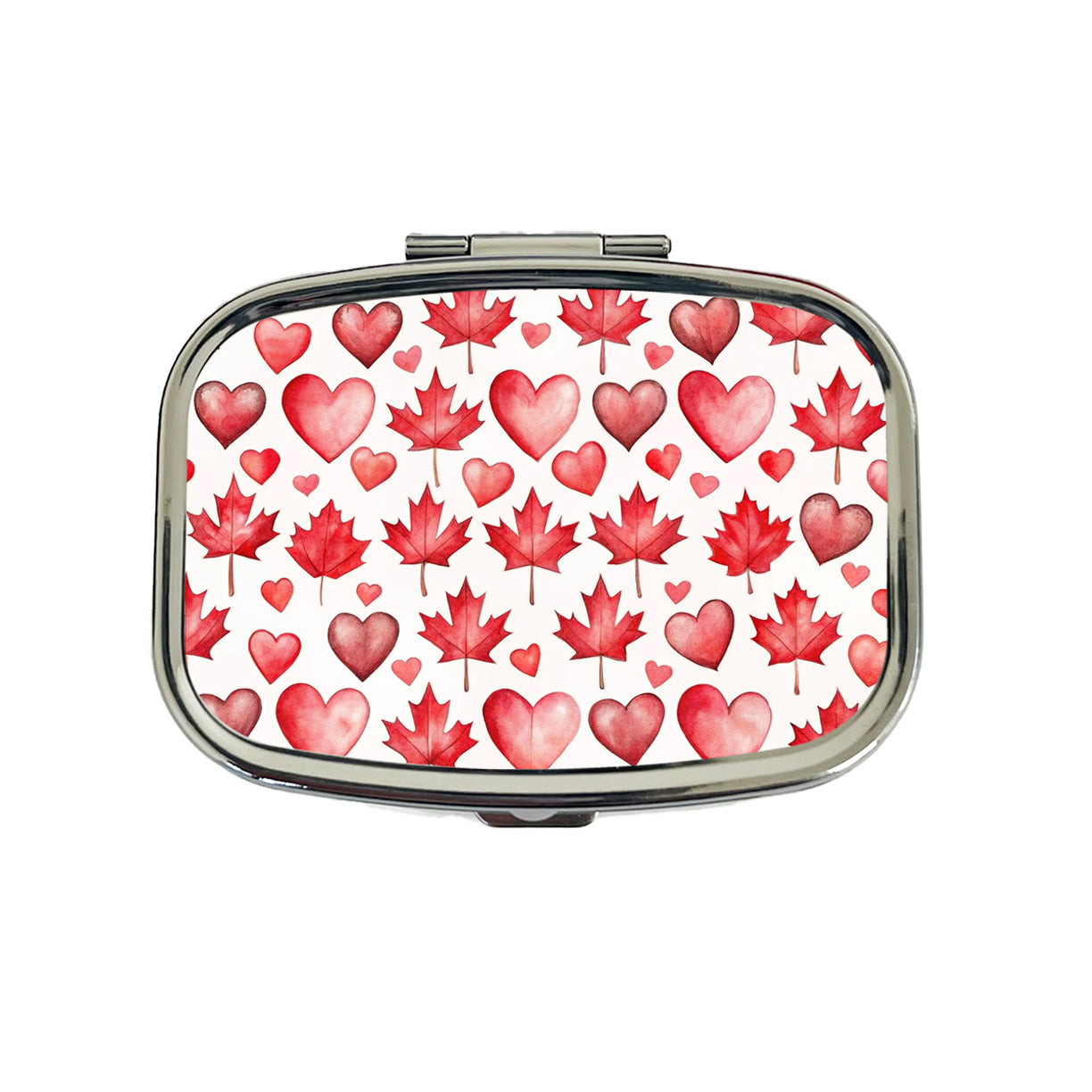 Canada Flags Maple Leaf Hearts Watercolor Travel Pill Box Case