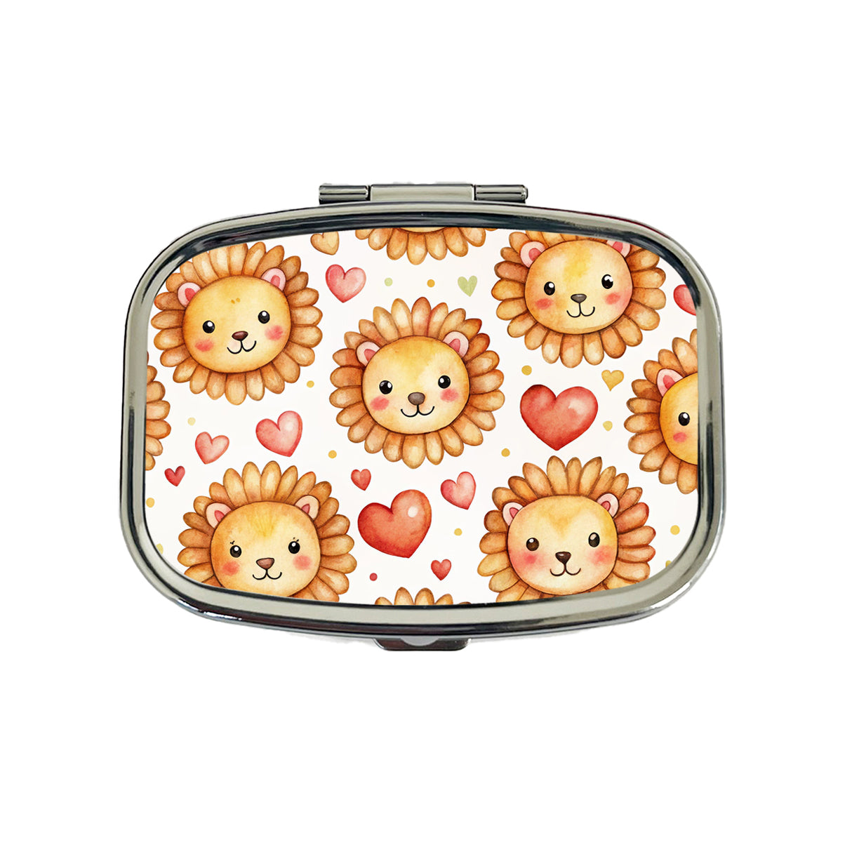 Cute Lion Faces Hearts Watercolor Travel Pill Box Case