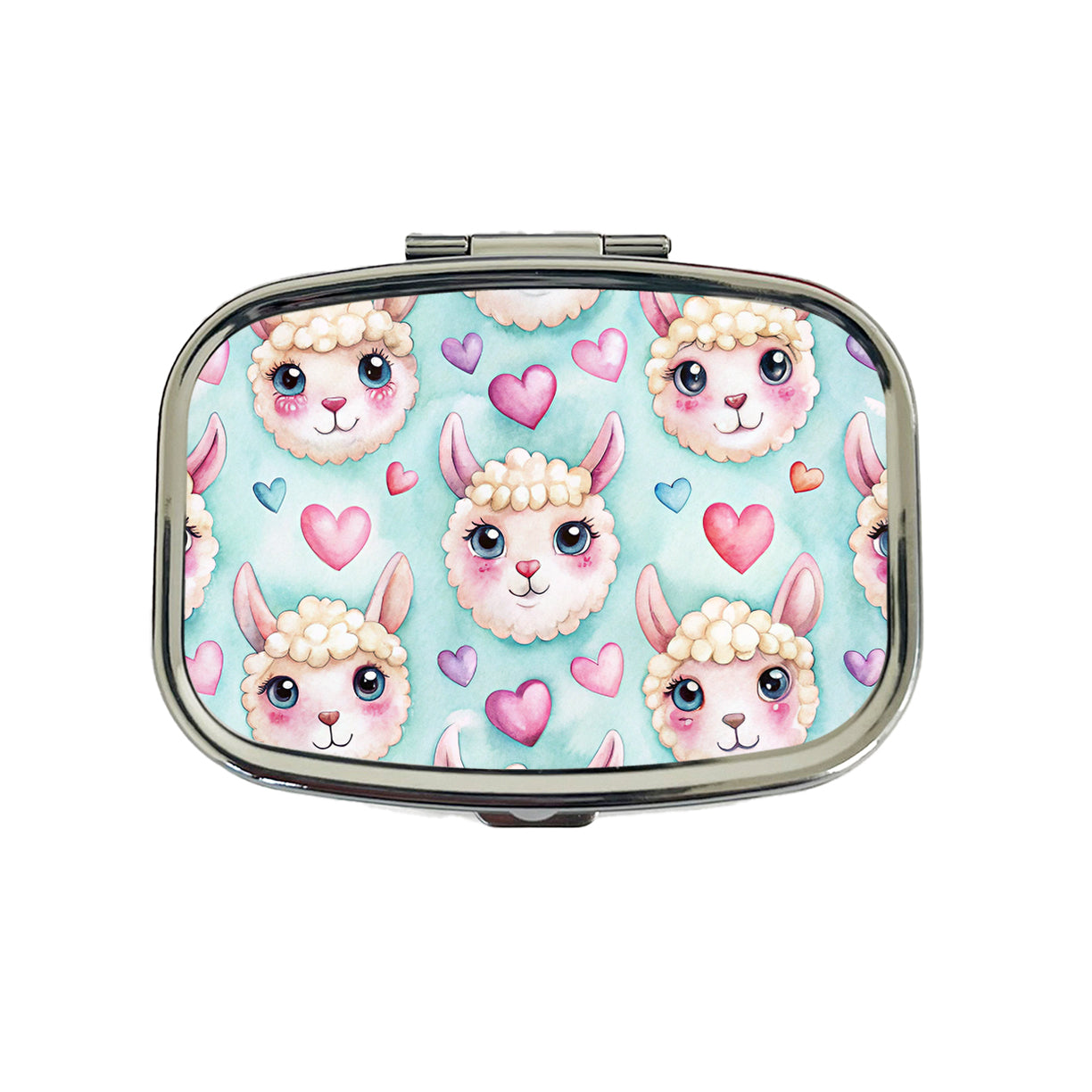 Cute Llama Faces Hearts Watercolor Travel Pill Box Case