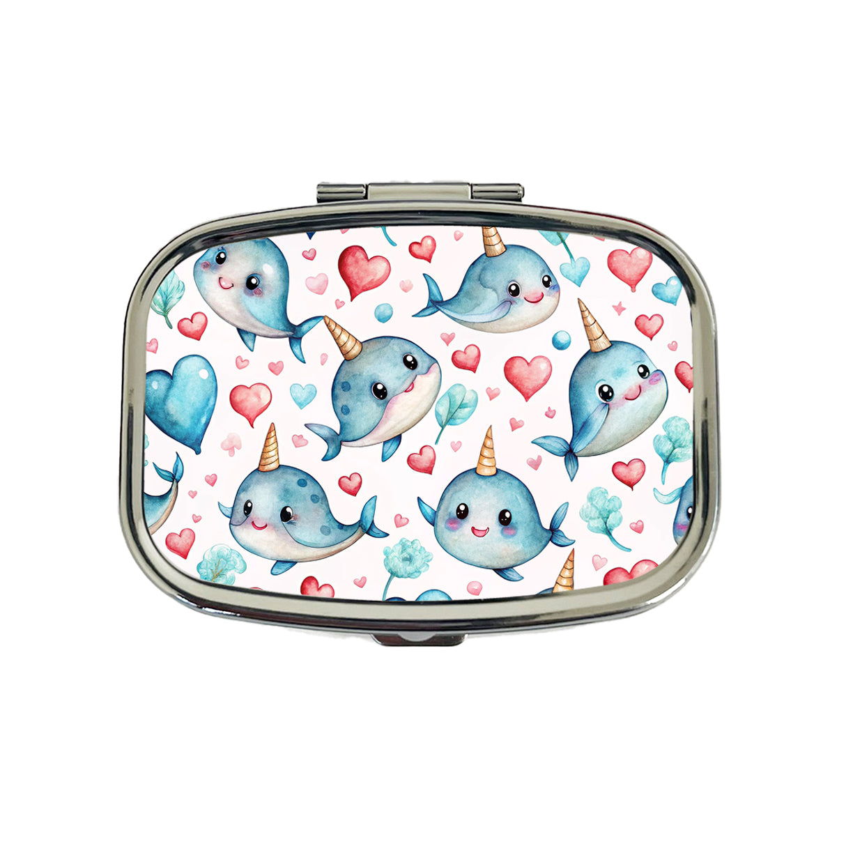 Cute Narwhals Hearts Watercolor Travel Pill Box Case