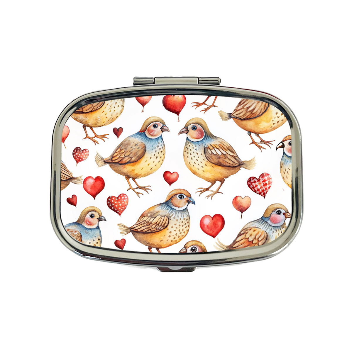 Cute Quails Hearts Watercolor Travel Pill Box Case