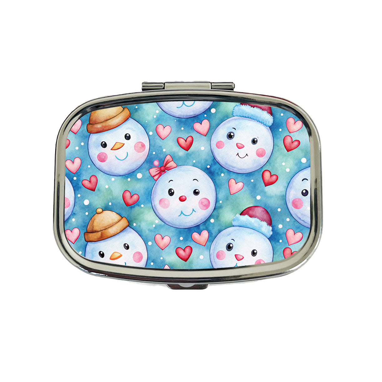 Cute Snowman Faces Hearts Winter Travel Pill Box Case