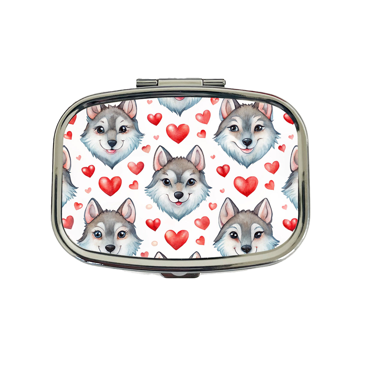 Cute Wolf Faces Hearts Watercolor Travel Pill Box Case