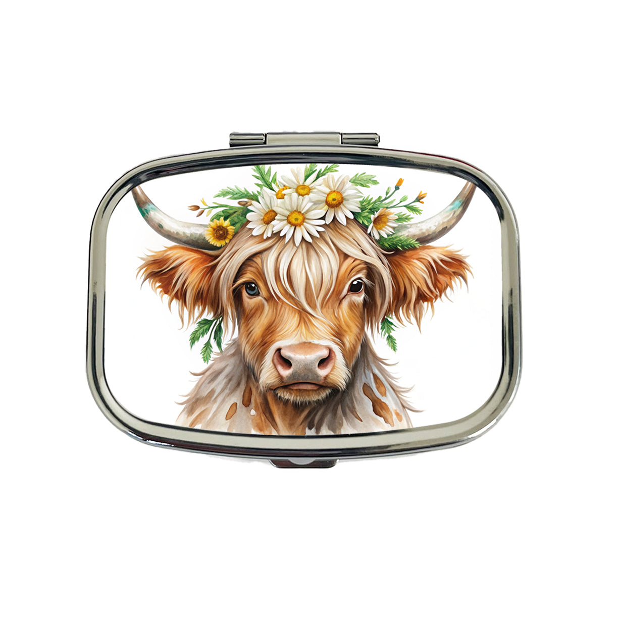 Highland Cow Watercolor Design With Daisies Travel Pill Box Case