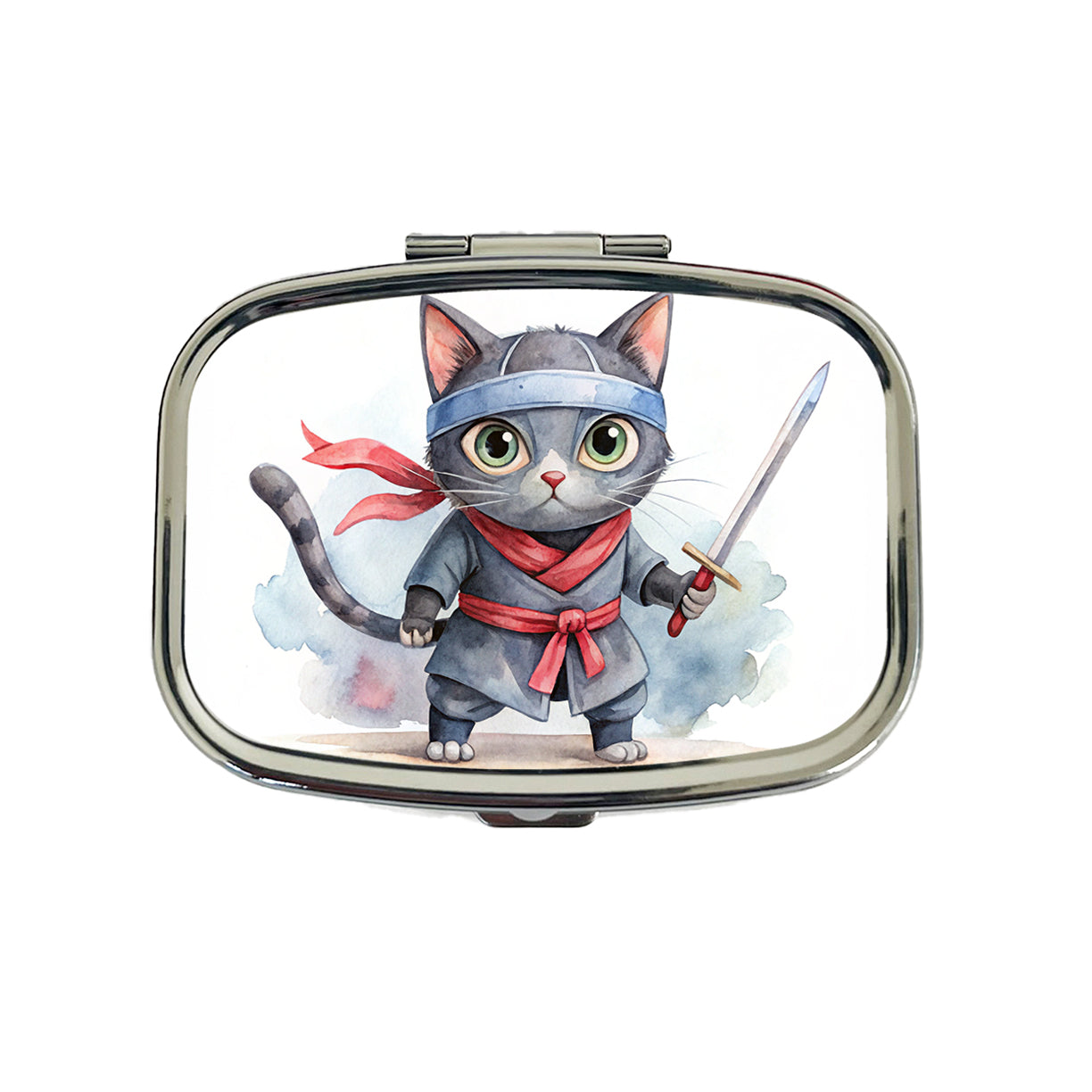 Ninja Cat Watercolor Travel Pill Box Case