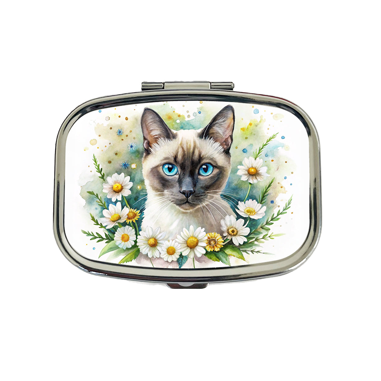 Siamese Cat Watercolor Design With Daisies Travel Pill Box Case