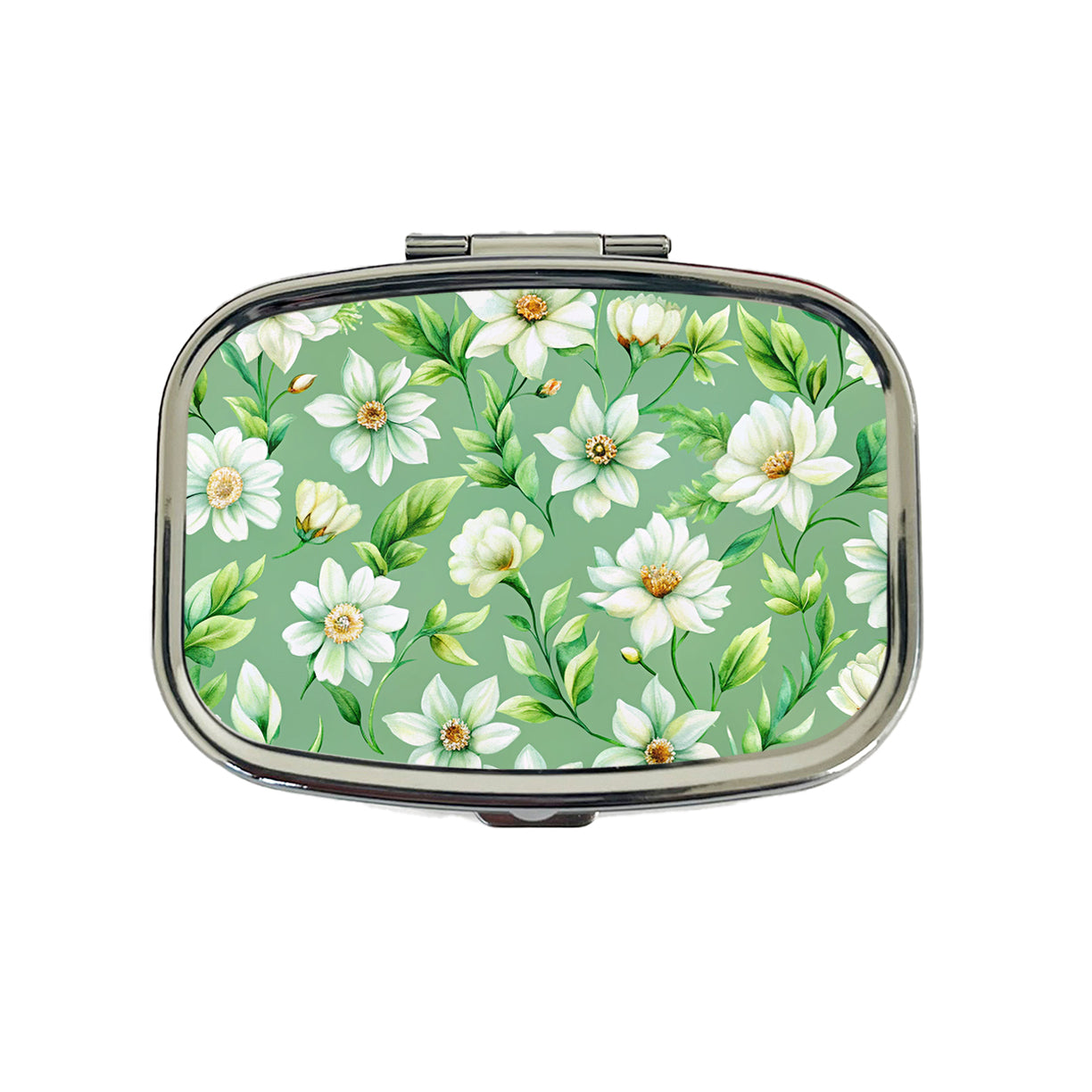 White Flowers Green Background Travel Pill Box Case