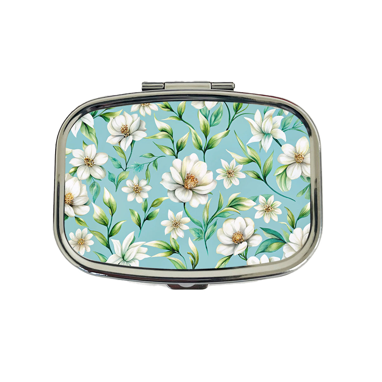 White Flowers Light Blue Background Travel Pill Box Case