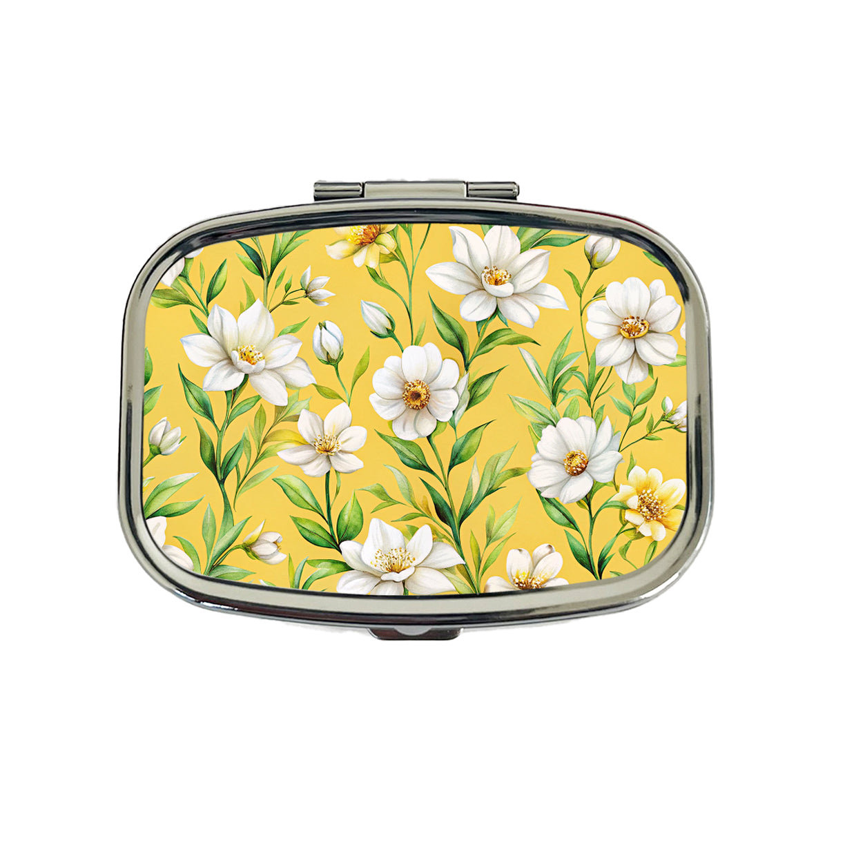 White Flowers Yellow Background Travel Pill Box Case