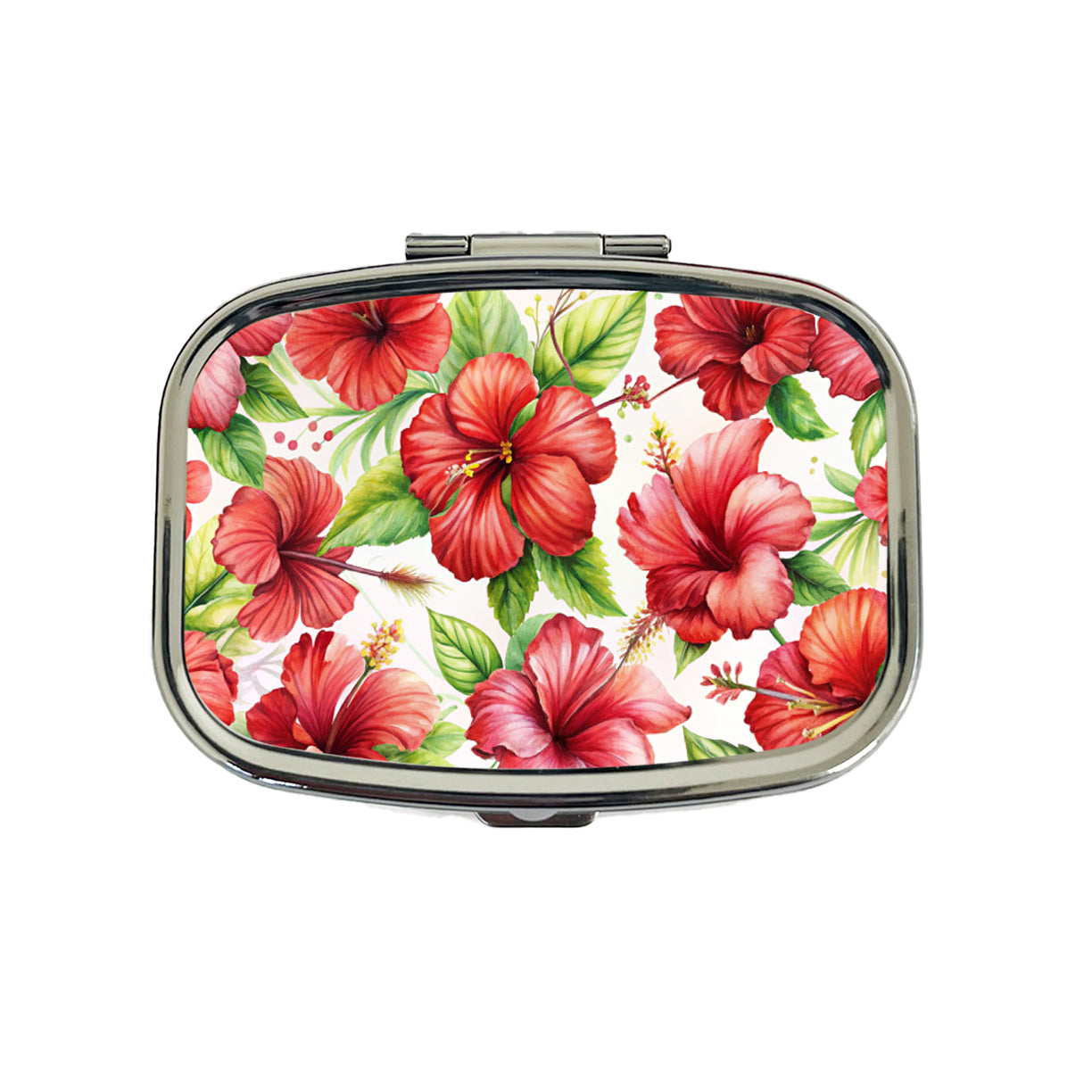 Red Hibiscus Flowers Watercolor Travel Pill Box Case