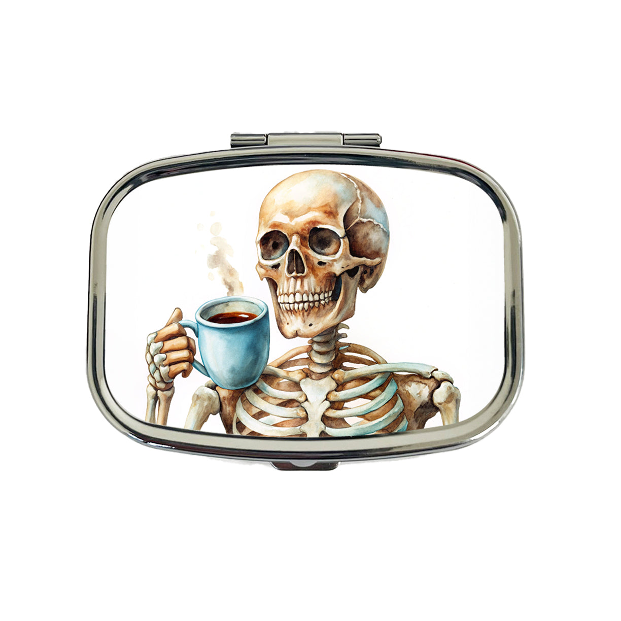 Skeleton Drinking Coffee Watercolor Travel Pill Box Case