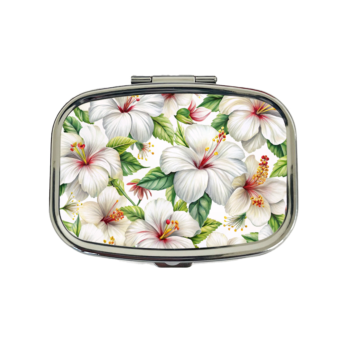 White Hibiscus Flowers Watercolor Travel Pill Box Case