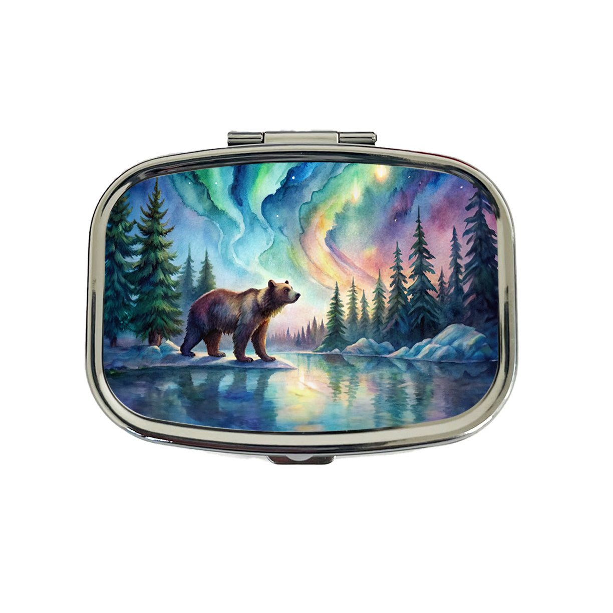 Bear And Northern Lights Watercolor Travel Pill Box Case