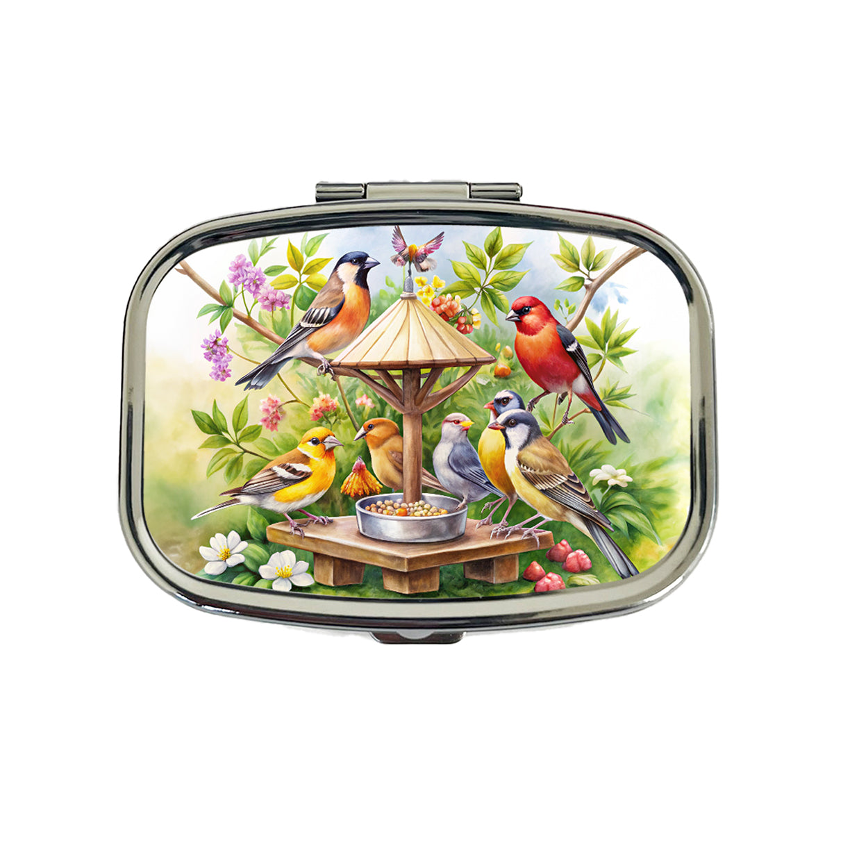 Birds At Feeder Watercolor Travel Pill Box Case