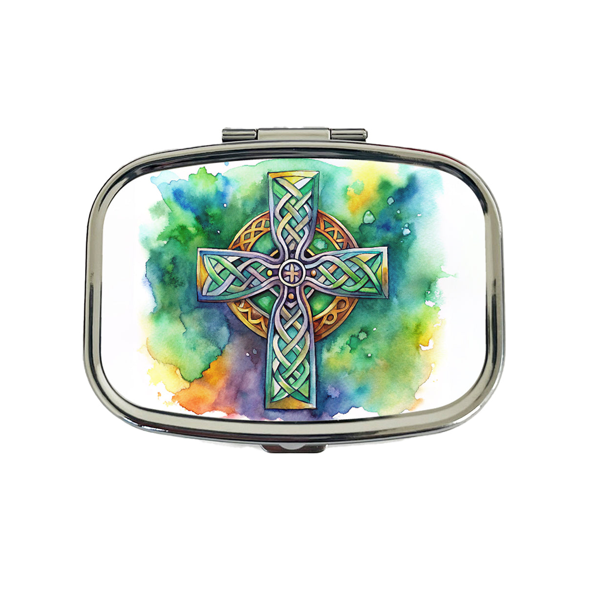 Celtic Christian Cross Watercolor Travel Pill Box Case