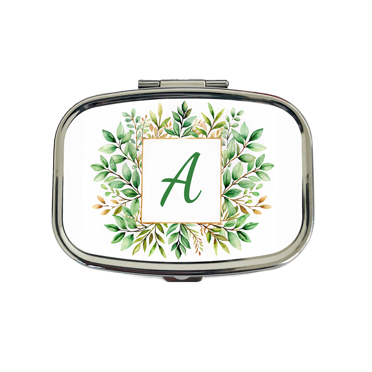Letter A Initial Monogram Frame Leaf Travel Pill Box Case