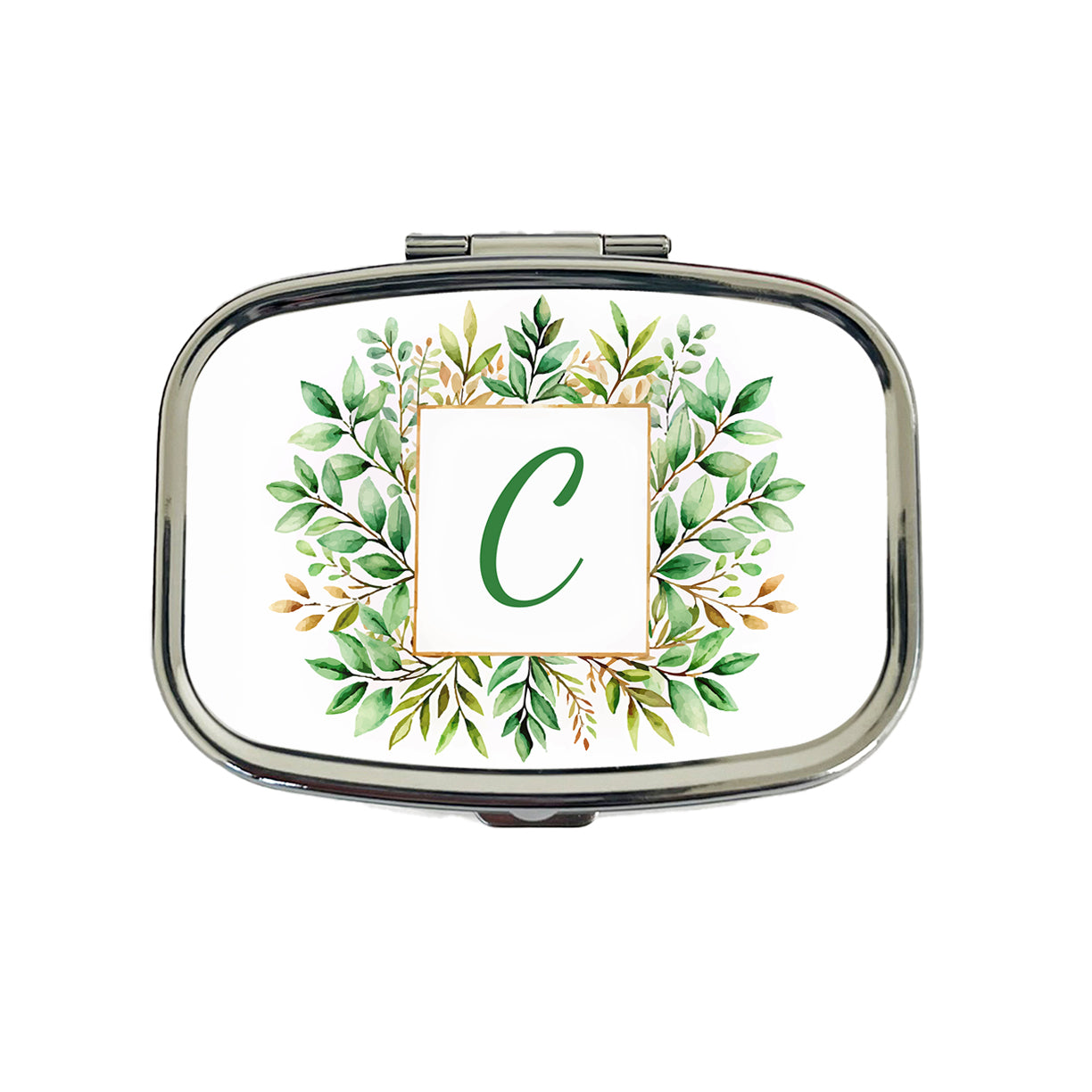 Letter C Initial Monogram Frame Leaf Travel Pill Box Case