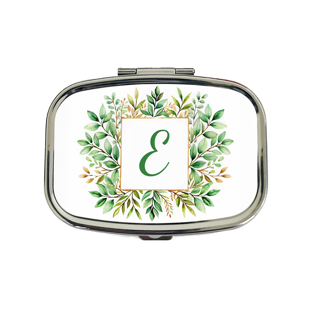 Letter E Initial Monogram Frame Leaf Travel Pill Box Case