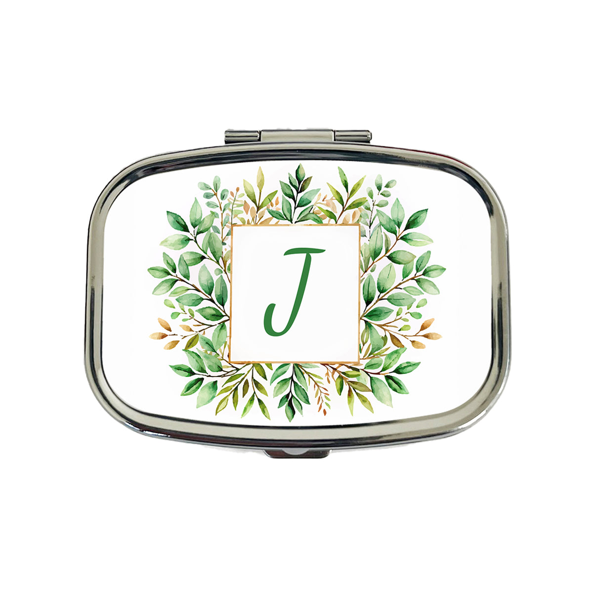 Letter J Initial Monogram Frame Leaf Travel Pill Box Case
