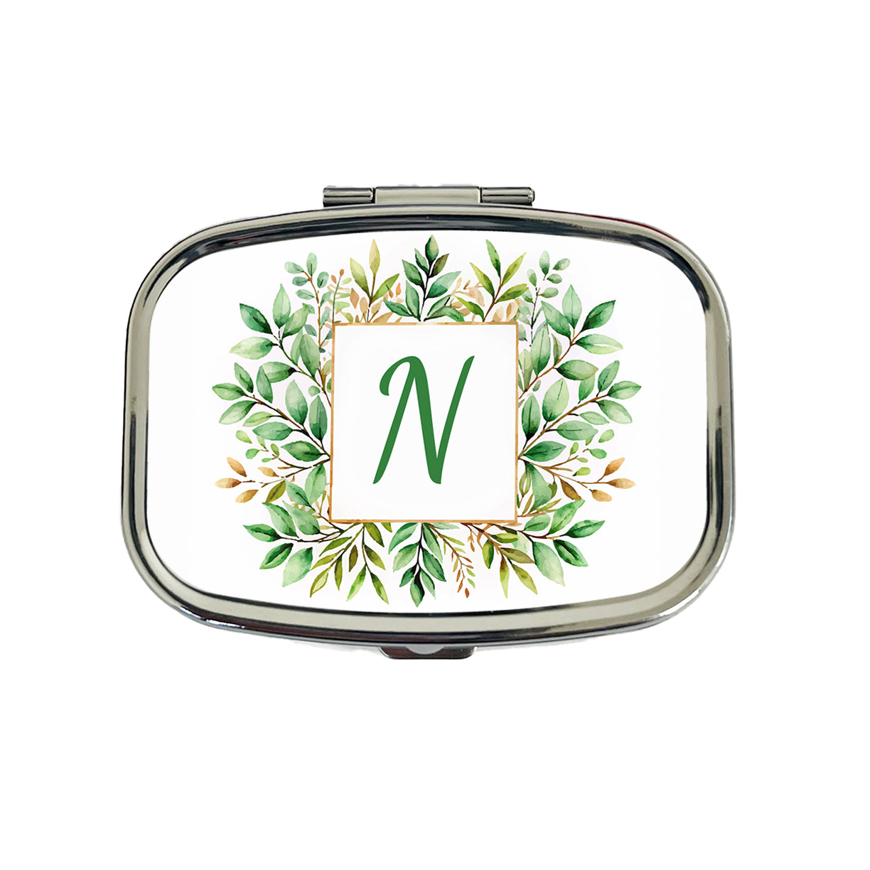 Letter N Initial Monogram Frame Leaf Travel Pill Box Case