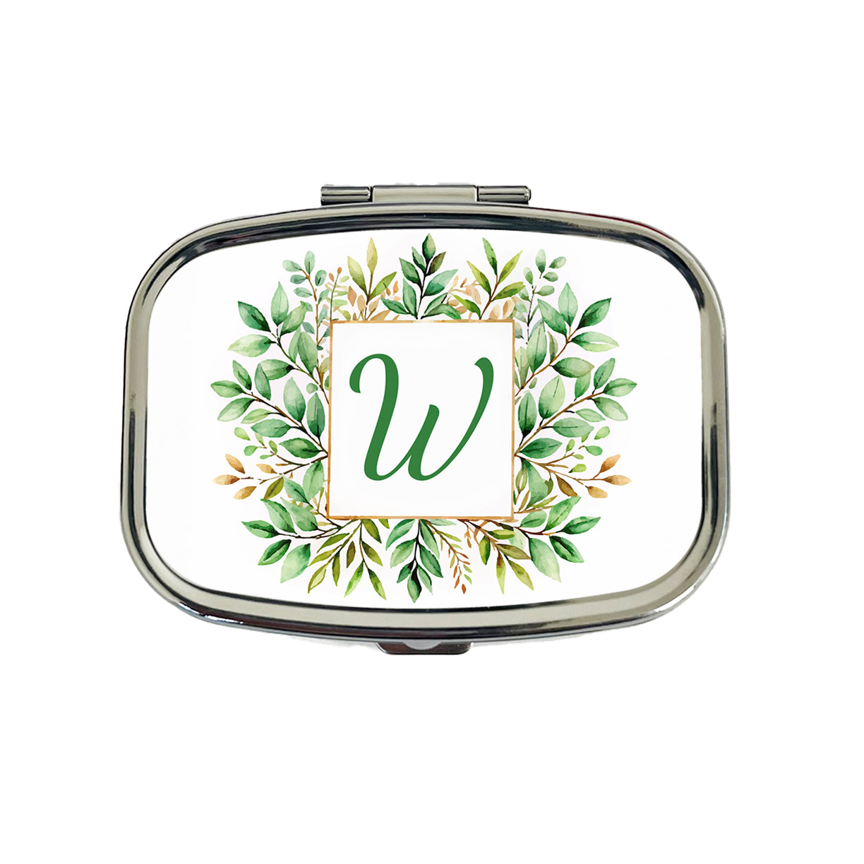 Letter W Initial Monogram Frame Leaf Travel Pill Box Case