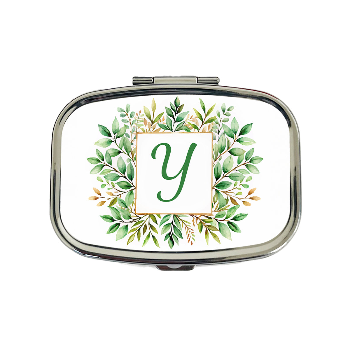 Letter Y Initial Monogram Frame Leaf Travel Pill Box Case