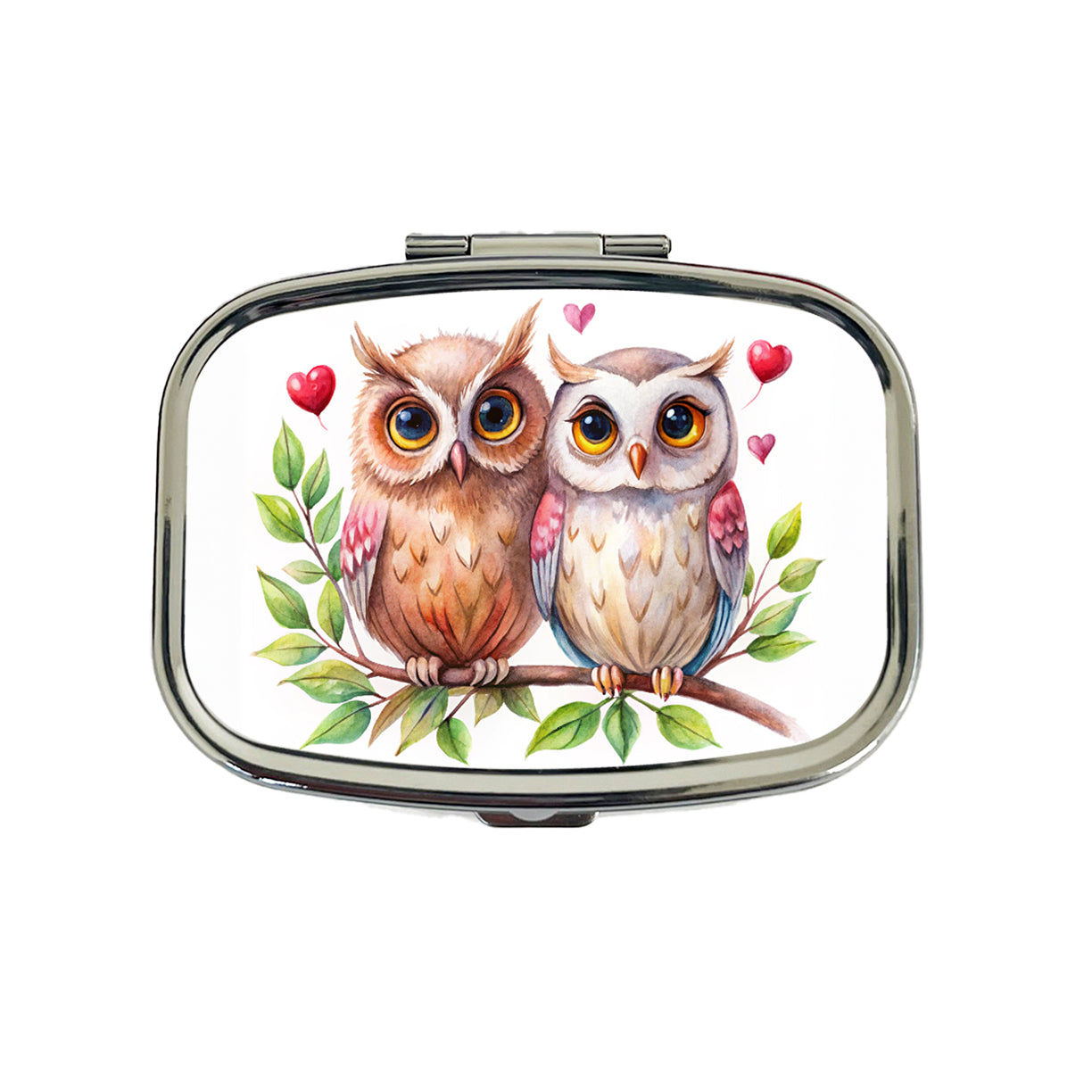 Owls In Love On Branch Hearts Valentine's Day Travel Pill Box Case