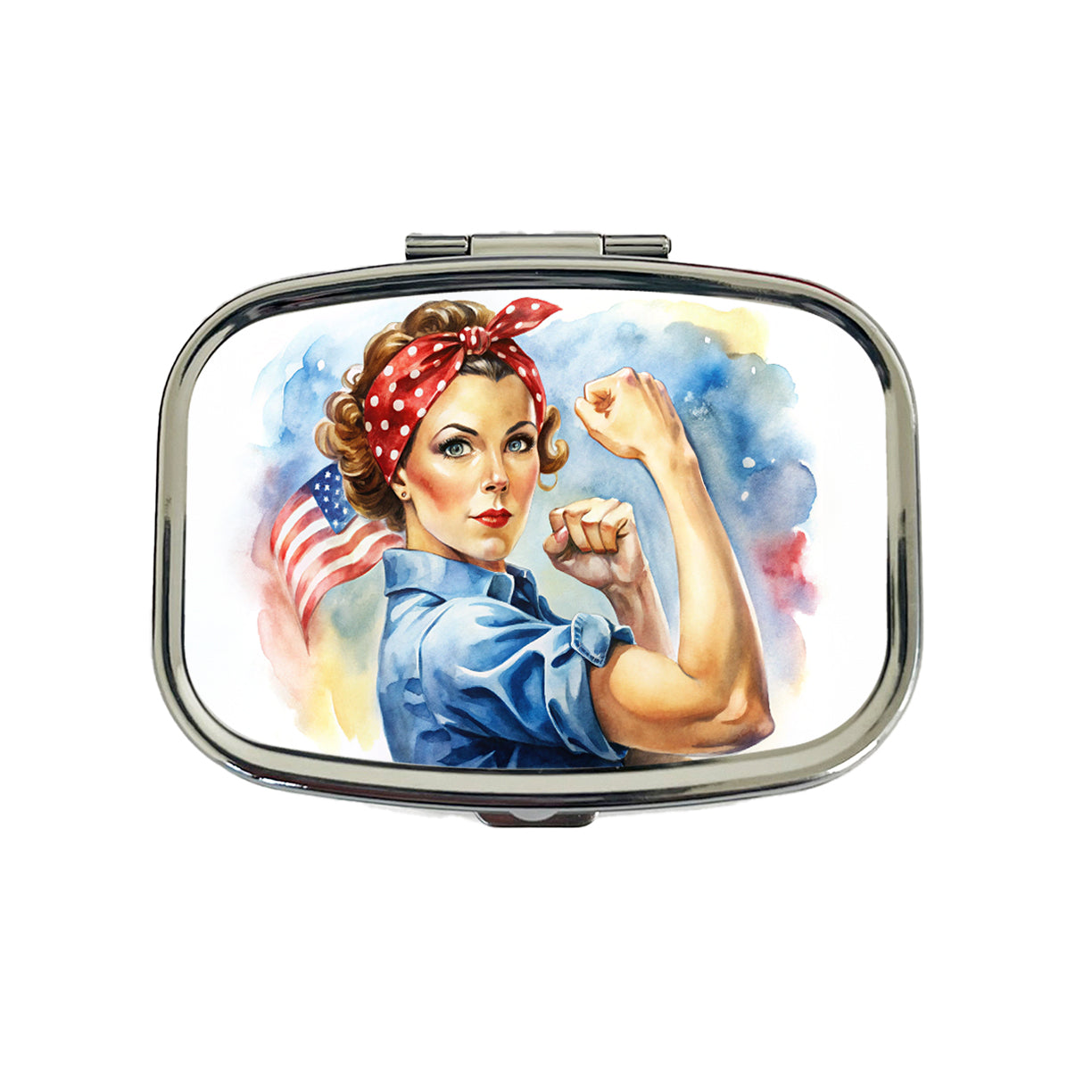 Rosie The Riveter Patriotic Watercolor Travel Pill Box Case