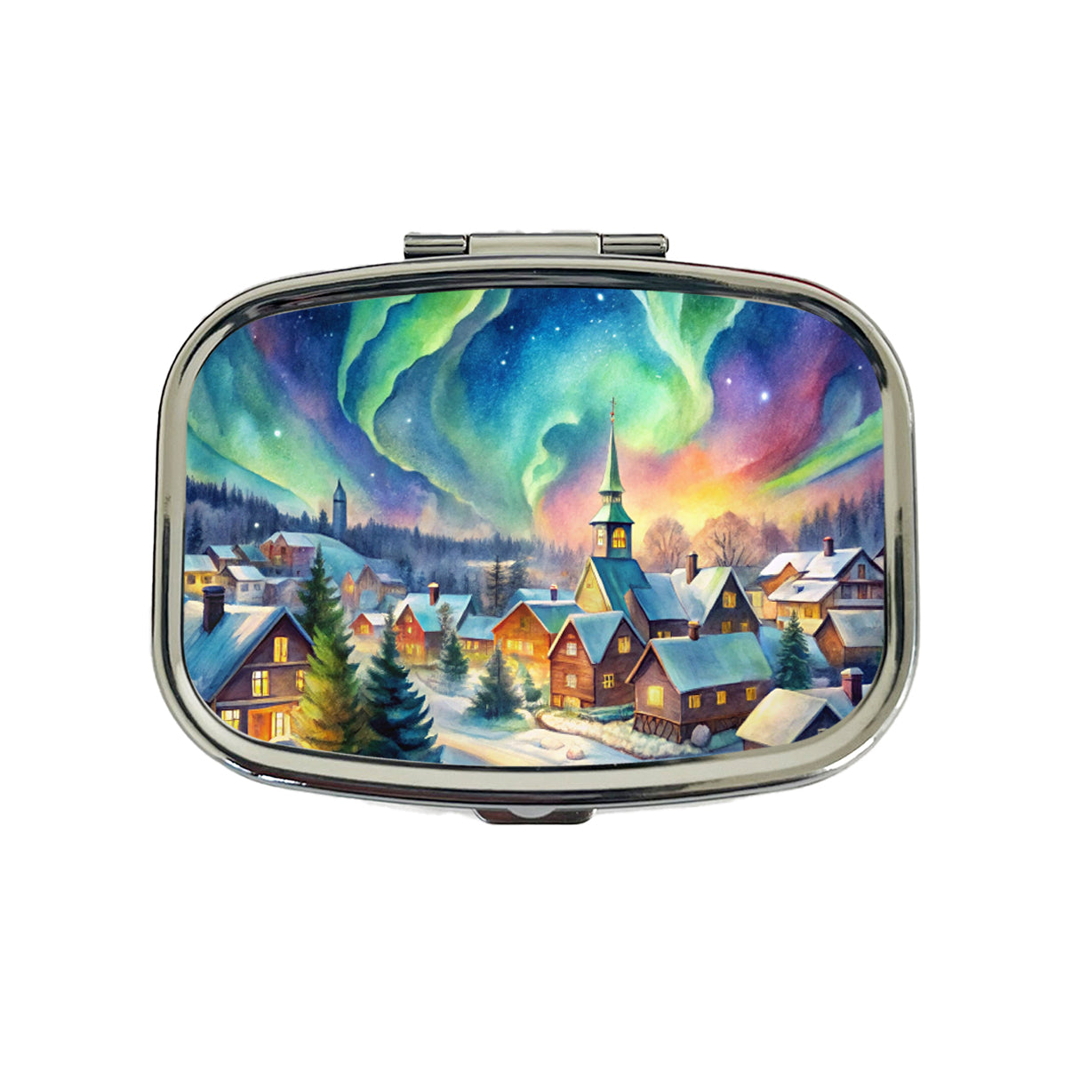 Small Town Northern Lights Watercolor Travel Pill Box Case