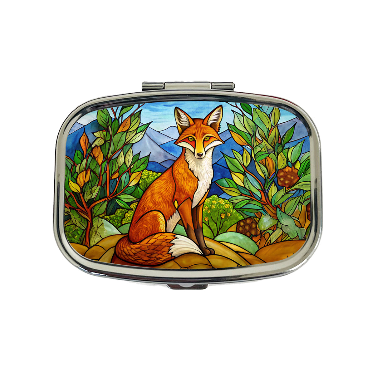 Stained Glass Fox Sitting Travel Pill Box Case