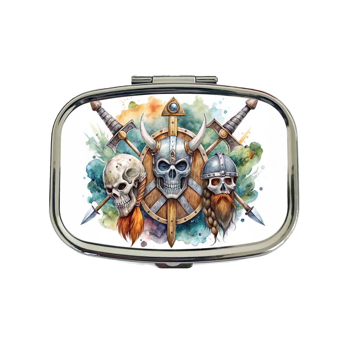 Viking Symbols Shields Swords Skulls Watercolor Travel Pill Box Case