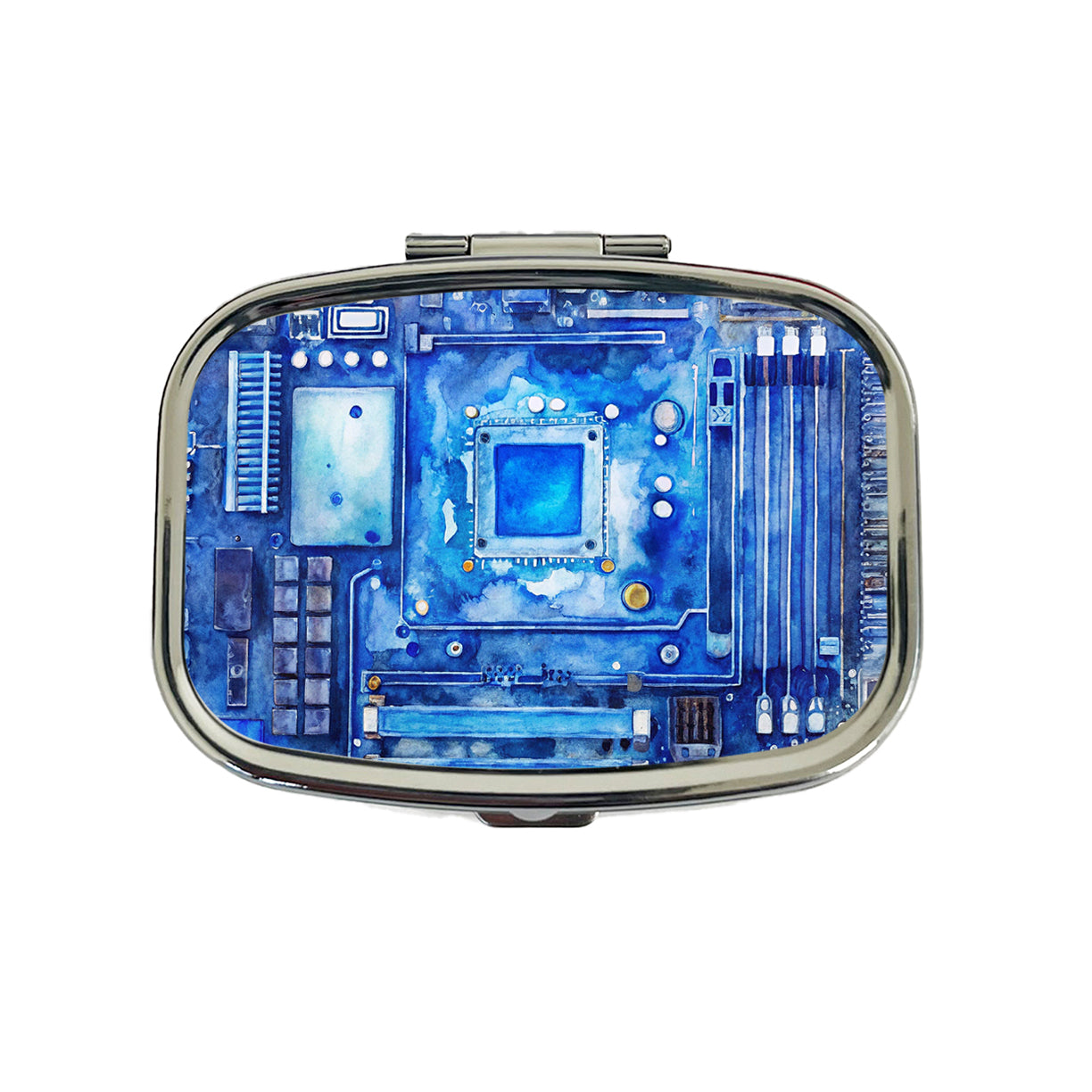 Blue Computer Motherboard Watercolor Travel Pill Box Case