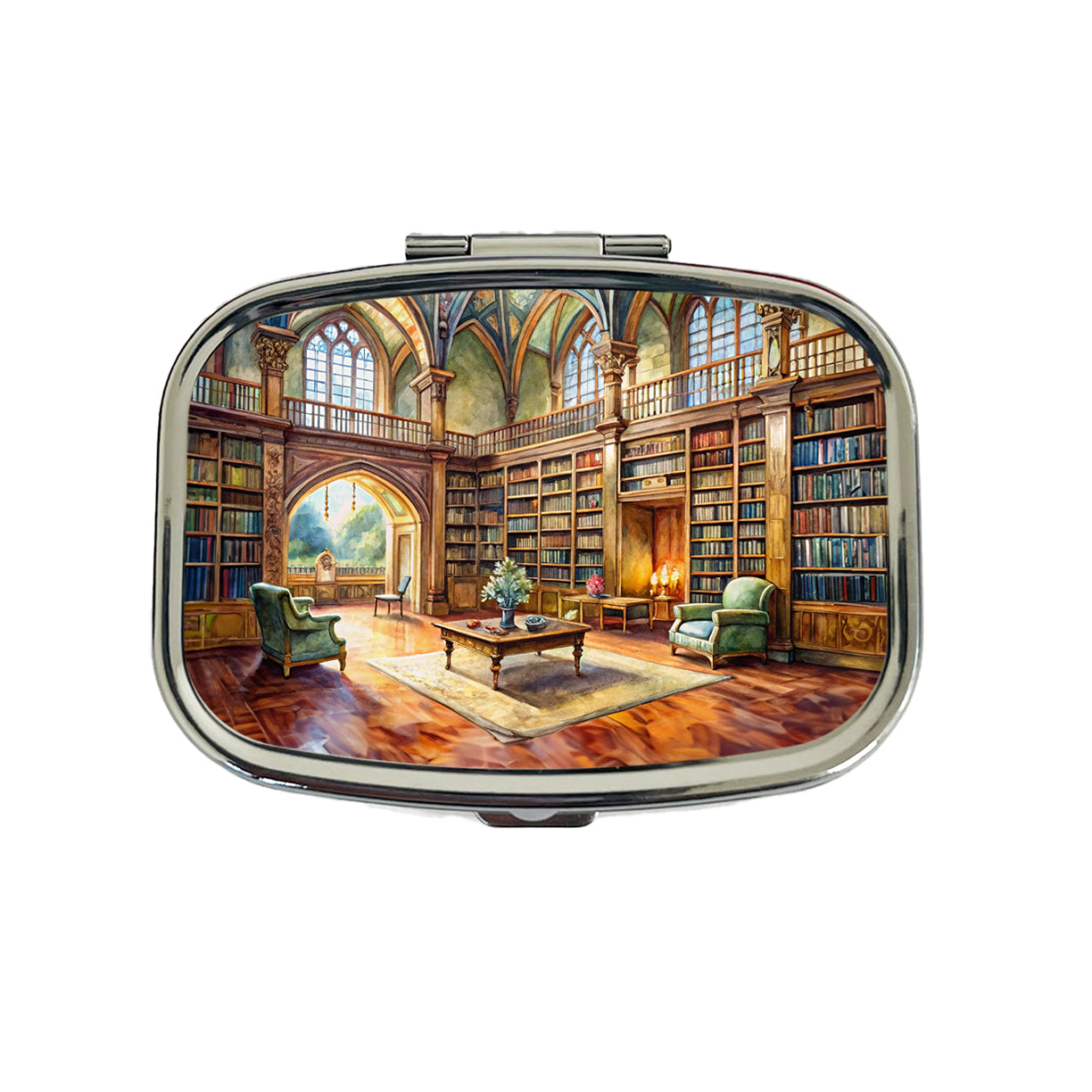 Castle Library Books Reading Watercolor Travel Pill Box Case