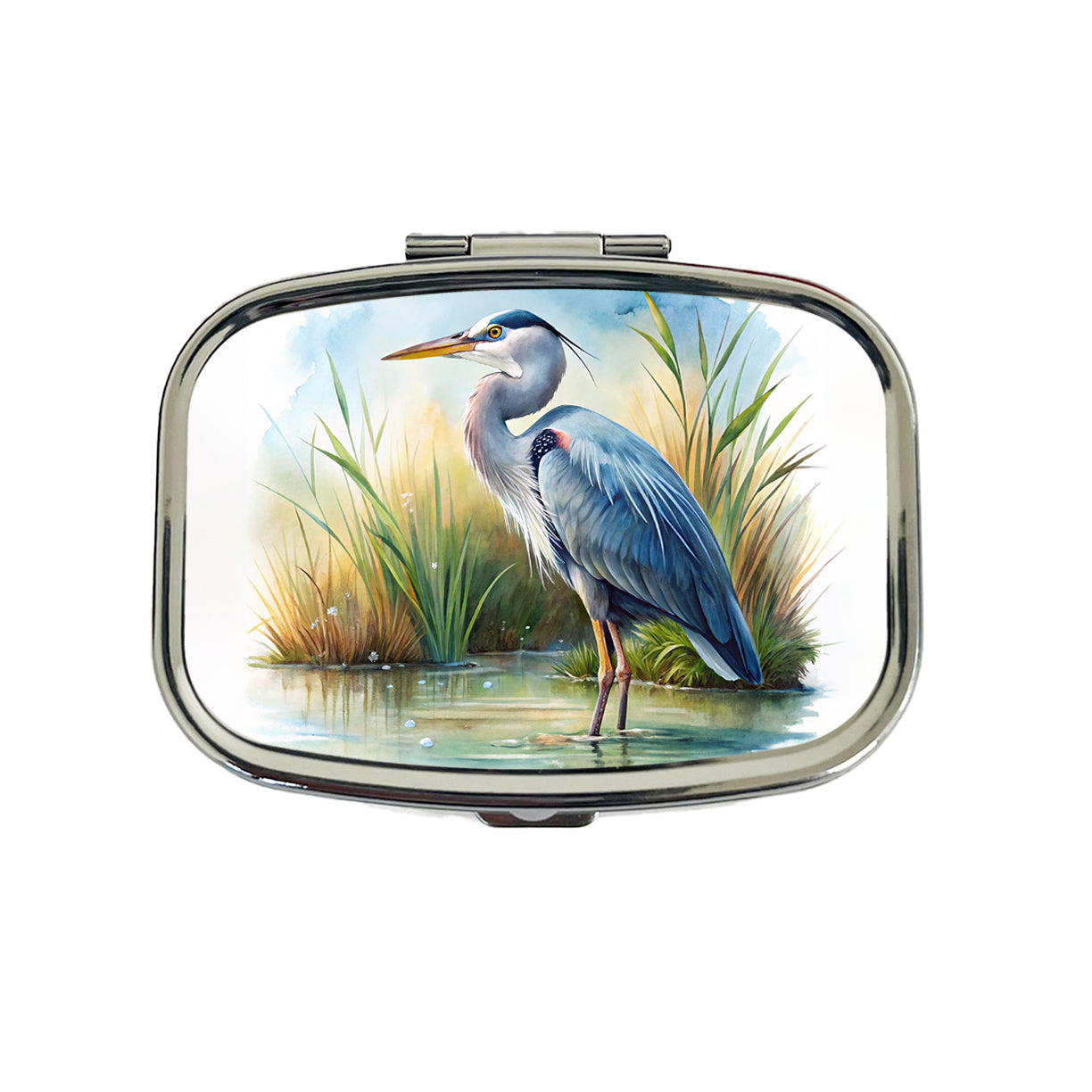 Great Blue Heron Standing In Marsh Pond Watercolor Travel Pill Box Case